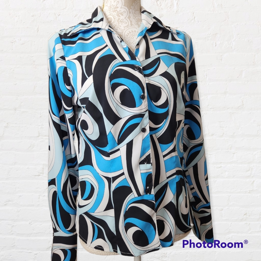 Fenomenon Vintage Groovy Blue Black White Fitted Button Down Blouse M